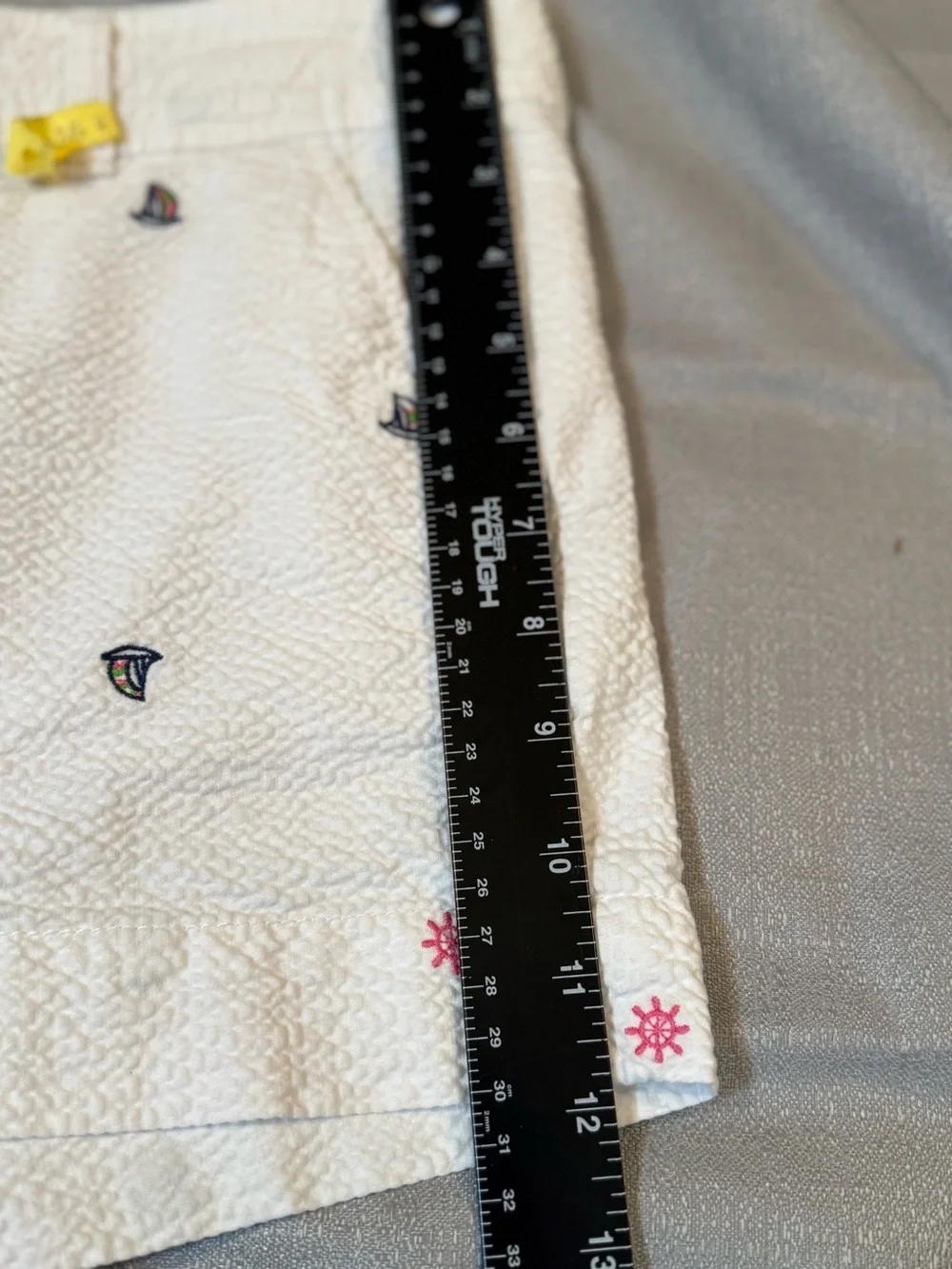 Lilly Pulitzer White Seersucker Shorts with Navy Sailboat & Pink Star Embroidery